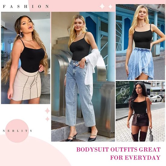 Collage van vier outfits met de zwarte body: met een beige rok, een jeans en een witte open blouse, een denim rok en een minirok met riem.