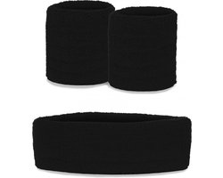 KIMU Kind Zweetbandjes Set Zwart - Kinder Hoofdband Polsbandjes Zwarte Zweetband Sporten Turnen Kinderen Polsband Fitness Carnaval