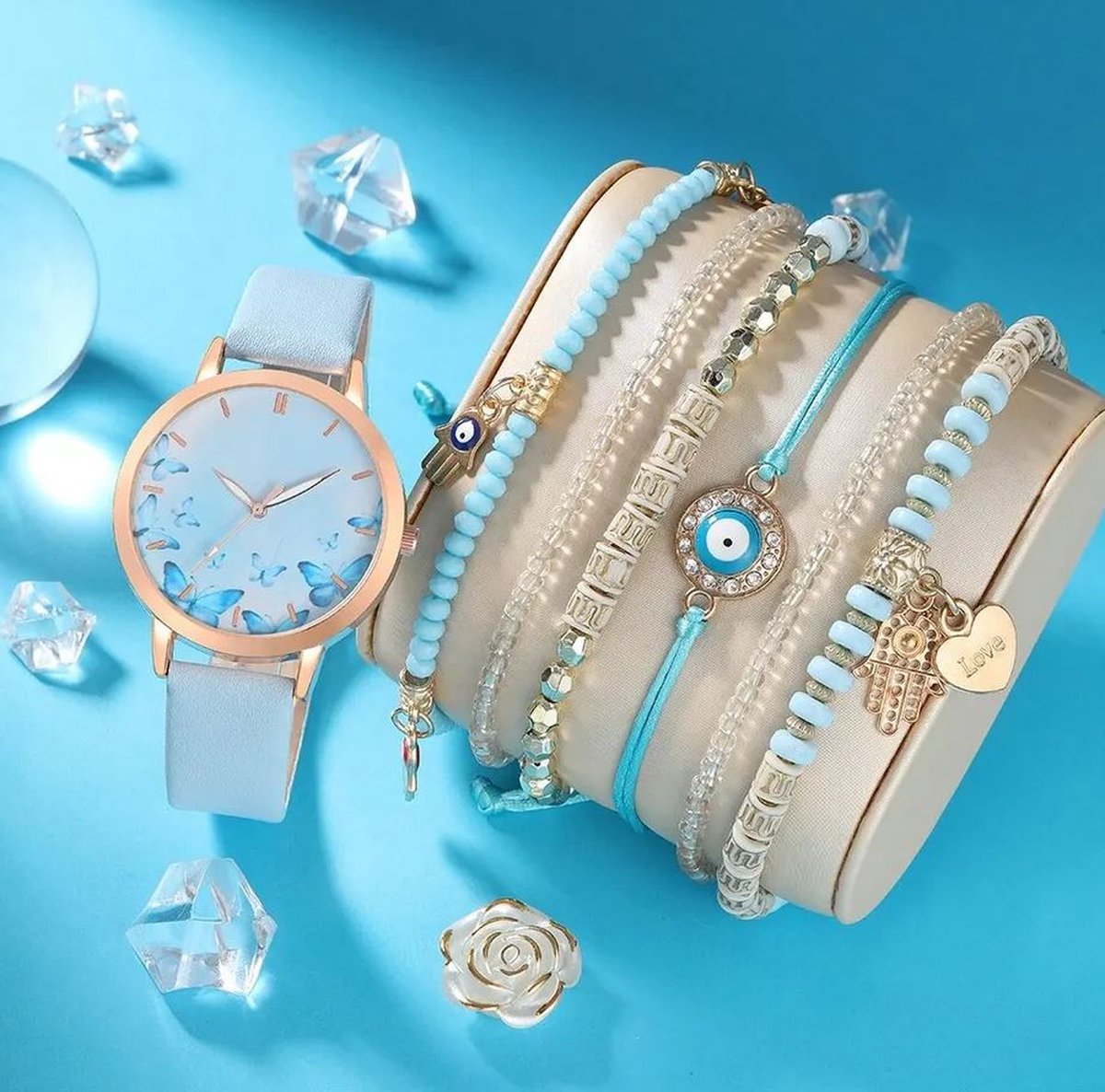 Dames horloge blauw vlinders + 6 armbandjes