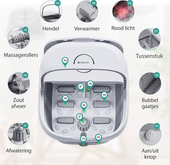 Gedetailleerd overzicht van het witte voetenbad met 9 genummerde onderdelen: "Hendel", "Verwarmer", "Rood licht", "Tussenstuk", "Massagerollers", "Zout afvoer", "Afwatering", "Bubbel gaatjes", "Aan/uit knop".
