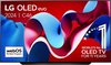 LG OLED evo 2024 C4 tv-scherm met rode achtergrond en blauwe, roze linten. 'World's No. 1 OLED TV'.