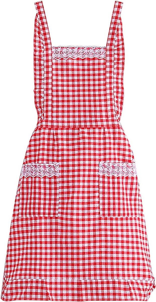 Goedkoopste Modieus schort met zakken, katoenen schort, keukenschort met bloemmotief, damesschort, keukenkookschort, cadeau voor koken en barbecueën, 78 cm x 70 cm, Rood