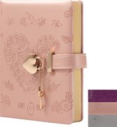 Heart Lock Journal Notebook met sleutel, Glitter paars PU lederen dagboek, B6 Journal voor schrijven, 144 vellen gevoerd papier, cadeau voor meisjes, vrouwen (bloem roze)