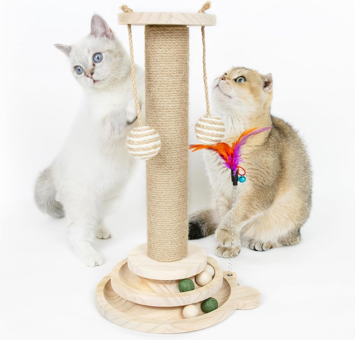 ets Krabpaal voor katten met 2-laags draaiplateau Cat Scratching Post 4-in-1 kattenspeelgoed houten kattenkrabpaal kleine krabpaal met hangende bal en veer, krabpaal 45 cm