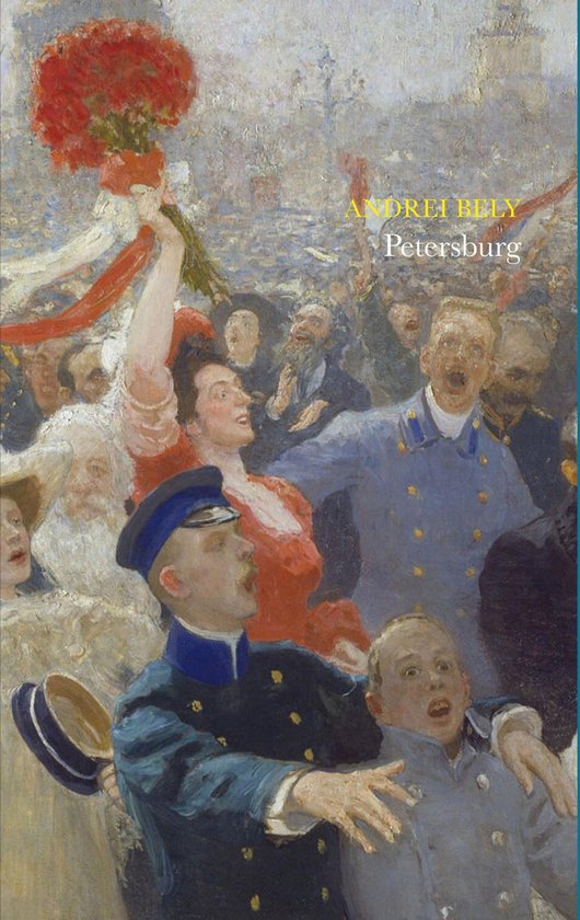 Une peinture d'une foule qui acclame avec des fleurs rouges et le texte 'ANDREI BELI Petersburg'.