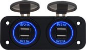 ProRide® 12V USB Stopcontact 4 Poorten - Tweevoudig Inbouw - 5V/2.1A - USB Autolader, Boot en Camper - Blauw