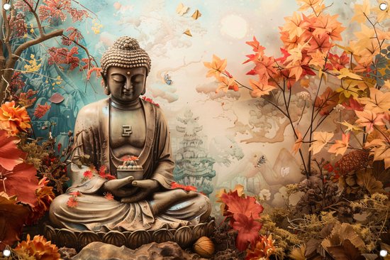 Boeddha tuinposter - Spiritualiteit tuinposter - Tuinposters Natuur - Wanddecoratie buiten - Schutting poster - Tuinschilderij tuinposter 120x80 cm