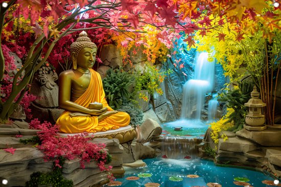 Boeddha posters - Sculptuur posters - Tuinposter Water - Tuinschilderij voor buiten - Tuinschilderijen - Tuindecoratie muurdecoratie tuinposter 90x60 cm
