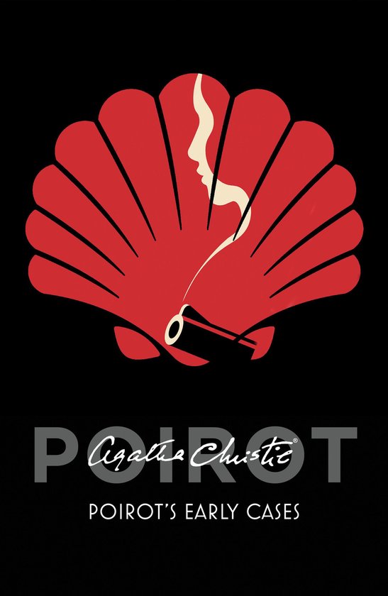 Rode schelp met profiel van vrouw die rookt, met 'Poirot' en 'Agatha Christie' in tekst.