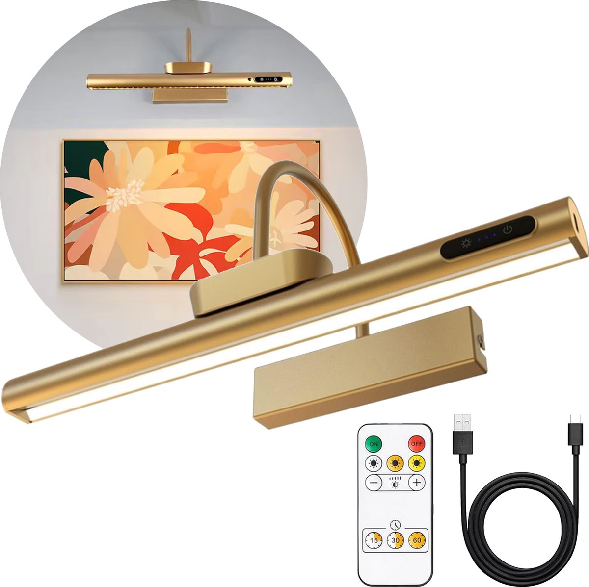 Schilderijlamp Oplaadbaar LED – Schilderijverlichting Draadloos Dimbaar – met Afstandsbediening - Spiegelverlichting – Draadloze Wandlamp - Goud