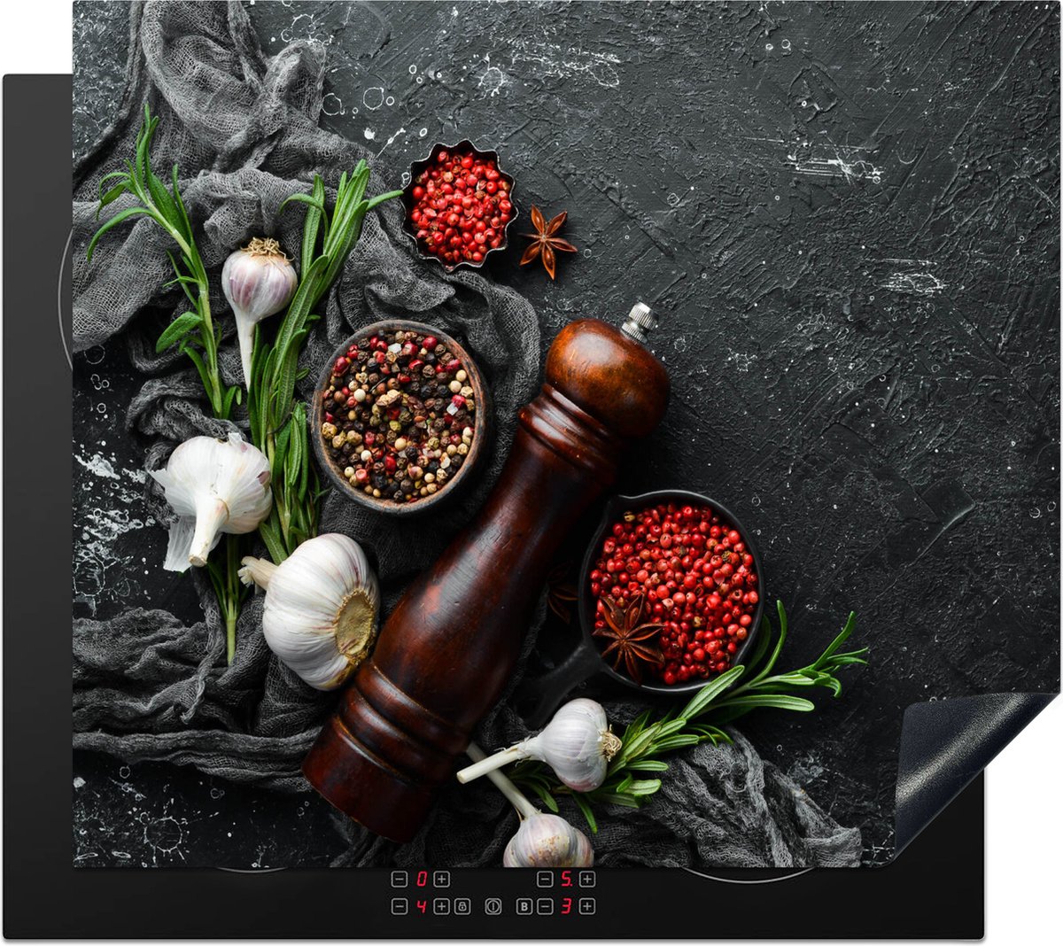 KitchenYeah® Inductie beschermer 57.6x51.6 cm - Kruiden - Peper - Knoflook - Beton print - Kookplaataccessoires - Afdekplaat voor kookplaat - Inductiebeschermer - Inductiemat - Inductieplaat mat - Keuken decoratie