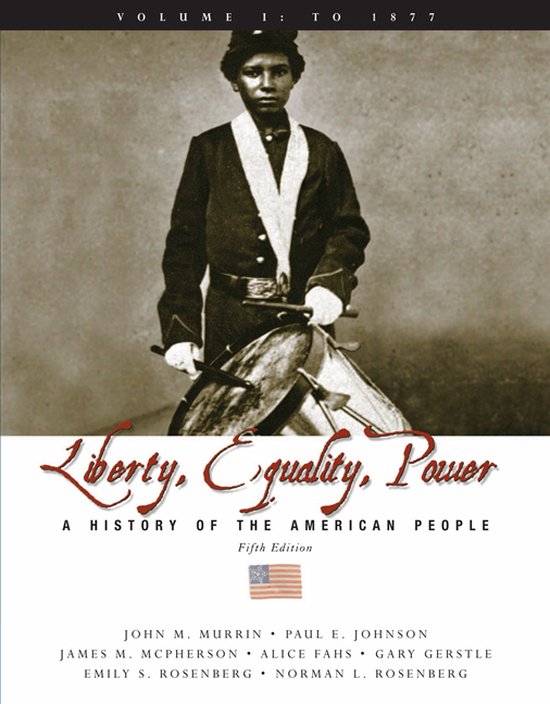 Jonge persoon in militaire kleding met trommel, voorpagina van 'Liberty, Equality, Power: A History of the American People'.