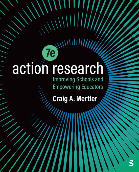 Livre 'Action Research' avec le sous-titre 'Improving Schools and Empowering Educators' par Craig A. Mertler. Fond noir avec des lignes rayonnantes bleues et vertes.