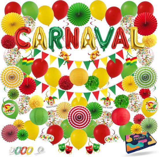 Fissaly 86 Stuks Carnaval Versiering Decoratie Rood, Geel & Groen - Feestpakket Incl. Ballonnen, Slingers & Accessoires