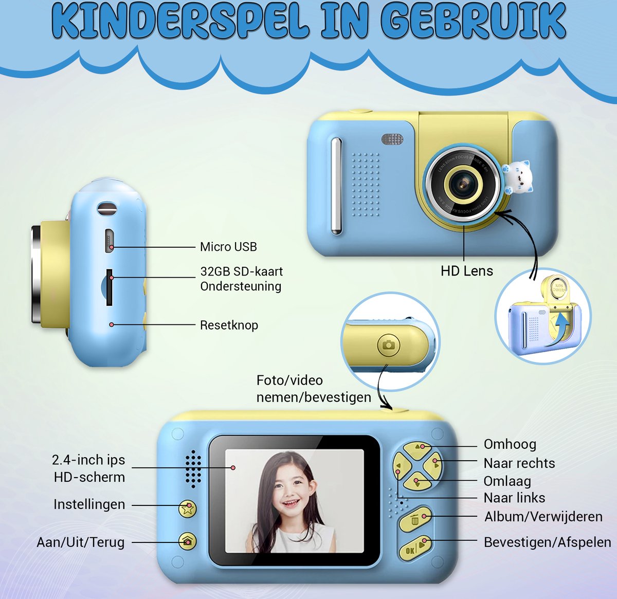 K&L Digitale Kindercamera Kids - Kinder vlog camera - Kindercamera's Digitaal - Fototoestel Kinderen - Kinderfototoestel - Blauw — afbeelding 8