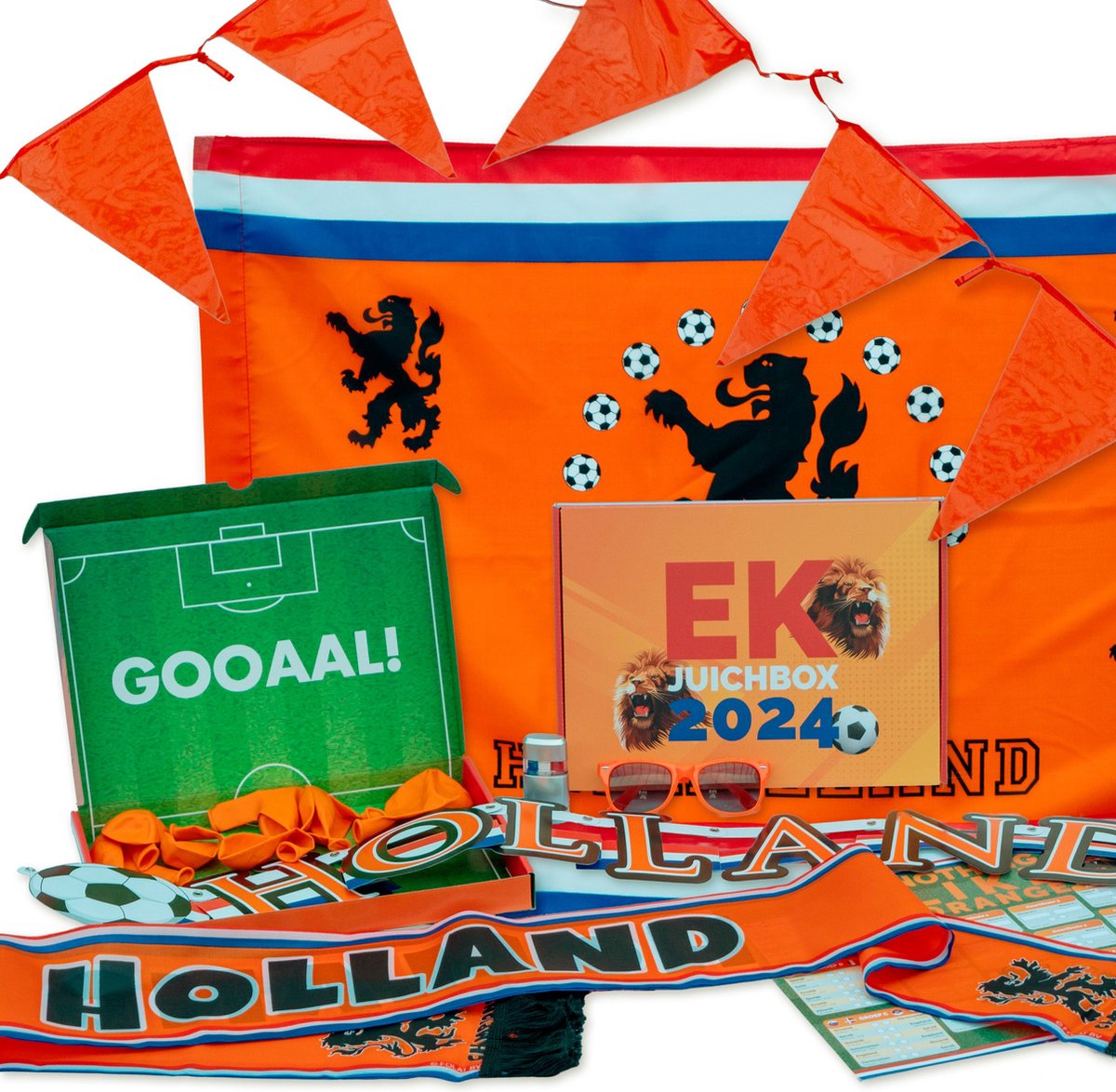 Oranjebox.com Versierpakket EK 2024 EK 2024 Juichbox Versiering EK Voetbal Nederlands Elftal EK 2024 Merchandise Oranje versieringen Oranje vlaggen Europees Kampioenschap Voetbal Versierpakket Nederlands Elftal Vaderdag