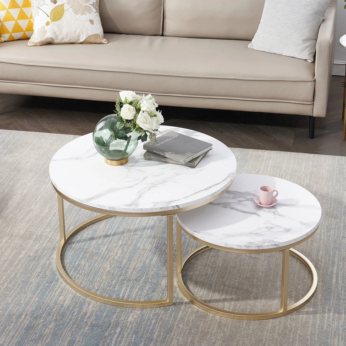 GOKHOMX Ronde salontafel in marmerlook, witte salontafel met zilveren