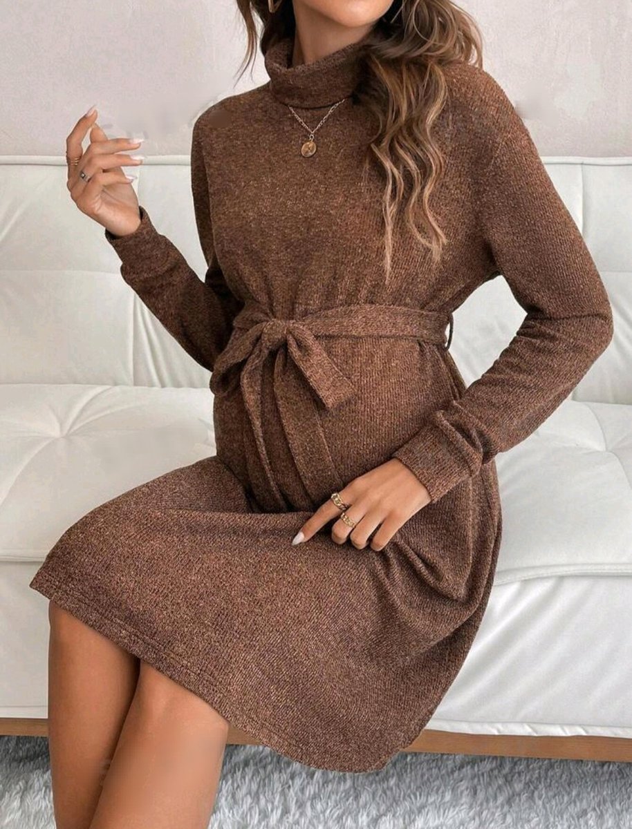 Prachtige fijn zittende corrigerende zwangerschapsjurk trui jurk wikkeljurk bruin maat L - Merkloos