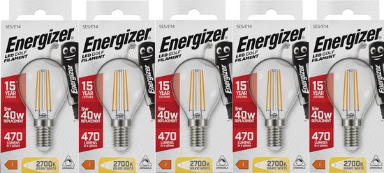 Lampe boule LED à filament économe en énergie Energizer - E14 - 5 Watt - lumière blanc chaud - dimmable - 5 pièces
