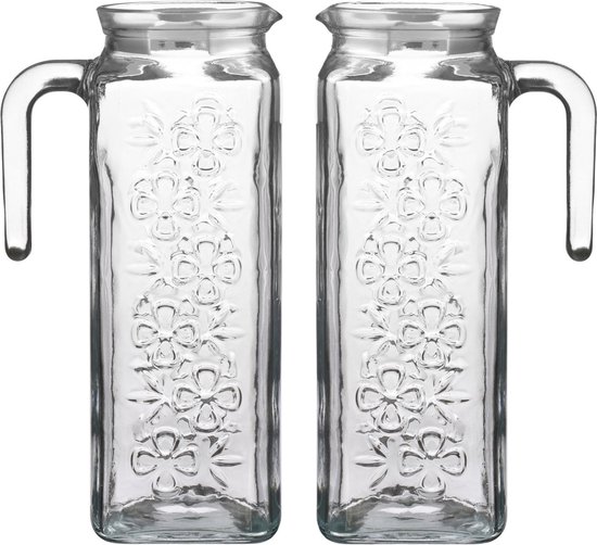LAV Waterkan/sapkan karaf - 2x - gedecoreerd glas - transparant - met kunststof deksel - 1.2 liter