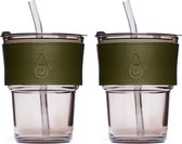 Drinkglas met deksel, rietje en leren band - 2 STUKS - Motivai® - 400 ML - Groen - Cocktailglazen - Glazen beker met rietje - Drinkglas met leren band - Tumbler voor koffie, cocktail, smoothie - Waterglas - Zomer 2024