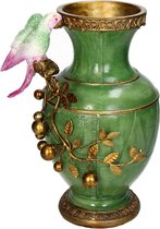 Supervintage groene vaas met goud en vogel 21 x 28 cm