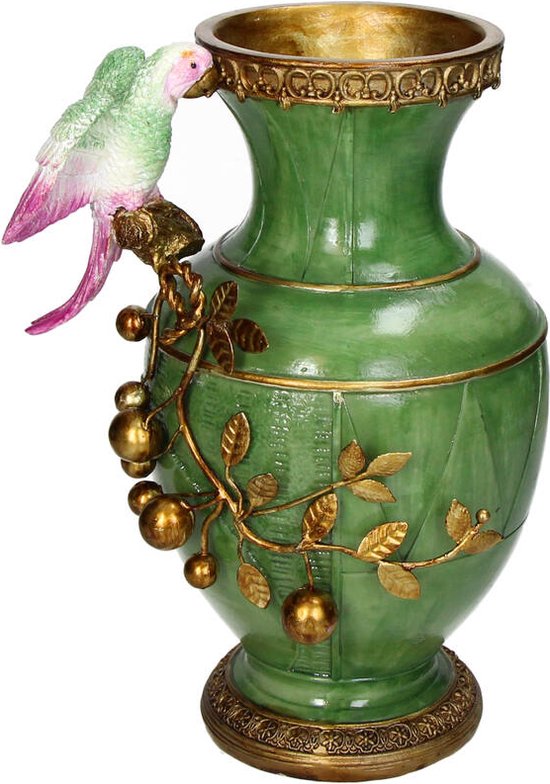 Vase vert super vintage avec or et oiseau 21 x 28 cm