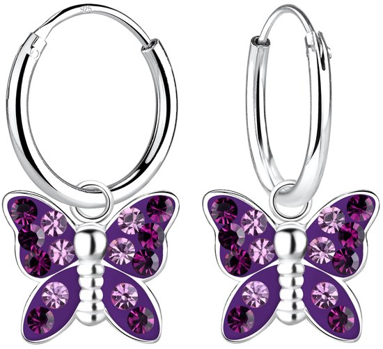 Joy|S - Zilveren vlinder bedel oorbellen - oorringen - paars met lila kristalletjes - kinderoorbellen