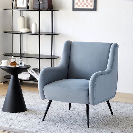 Chaise de loisirs à dossier haut de salon moderne, chaise en velours, chaise de lecture, chaise de loisirs, fauteuil simple, chaise de loisirs avec accoudoir en métal bleu