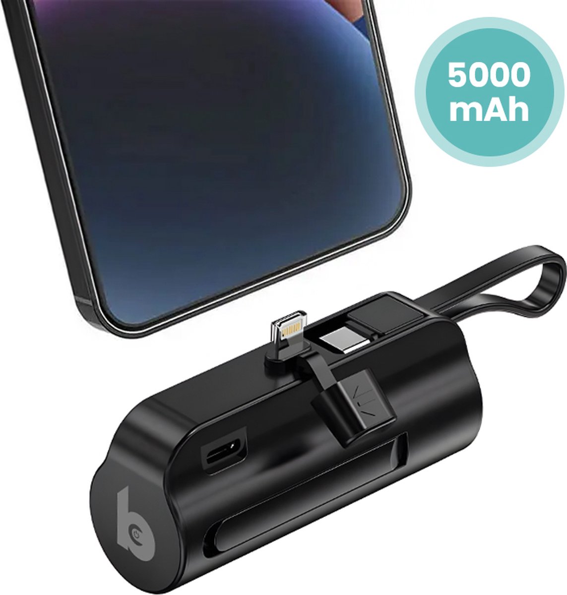 Banky - mini Powerbank - 22.5W Quick Charge - 5.000mAh - Lightning Uitgang + USB C kabel ingebouwd - snellader - nood pakket - geschikt voor iPhone Apple - sleutelhanger