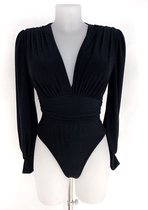 Basic bodysuit - Zwart - Met lange mouwen - Veel stretch - V-hals - Met haakjessluiting - One-size - Een maat