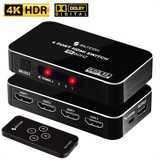 Siltcon® HDMI Switch - 4K 60Hz - 4 ingangen 1 uitgang – Dolby / 3D - HDMI switch met afstandsbediening - Automatisch schakelen - Premium kwaliteit