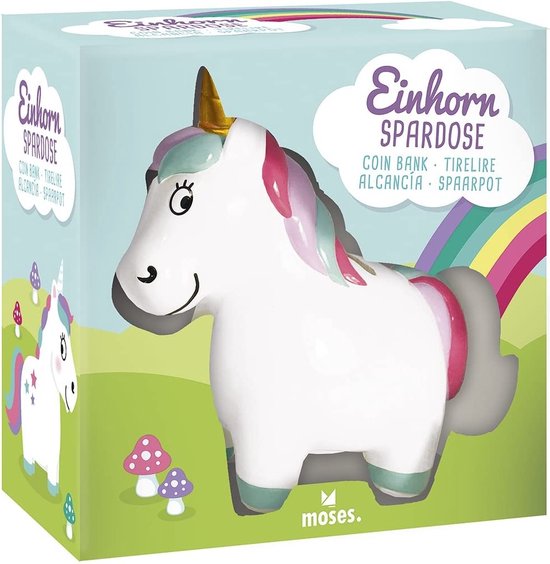 Verpakking van een eenhoorn spaarpot met een afbeelding van de spaarpot en een regenboog.