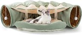 Kattenbed, kattentunnel met kussenmat, huisdierenbed met 2 hangende krabballen, zacht en gezellig kattentunnel bed, kattentunnel voor indoor-katten (lichtgroen)