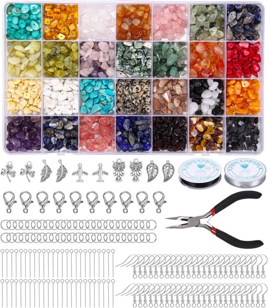 28 Kleuren Natuurlijke vorm Edelstenen Kralen met Gat,Natural Crystal Stone Ring Making Kit kristallen kralen voor het Maken van Sieraden voor Ketting Oorbel Armband Doe-Het-Zelfbenodigdheden