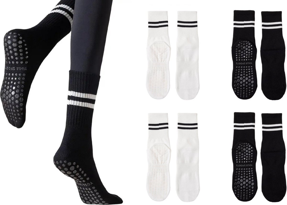 4 Paar - Dames Meisjes Antislip Sokken - Wit/ Zwart - Yoga Sport sokken - Maat 35-38 - MINIIYOU