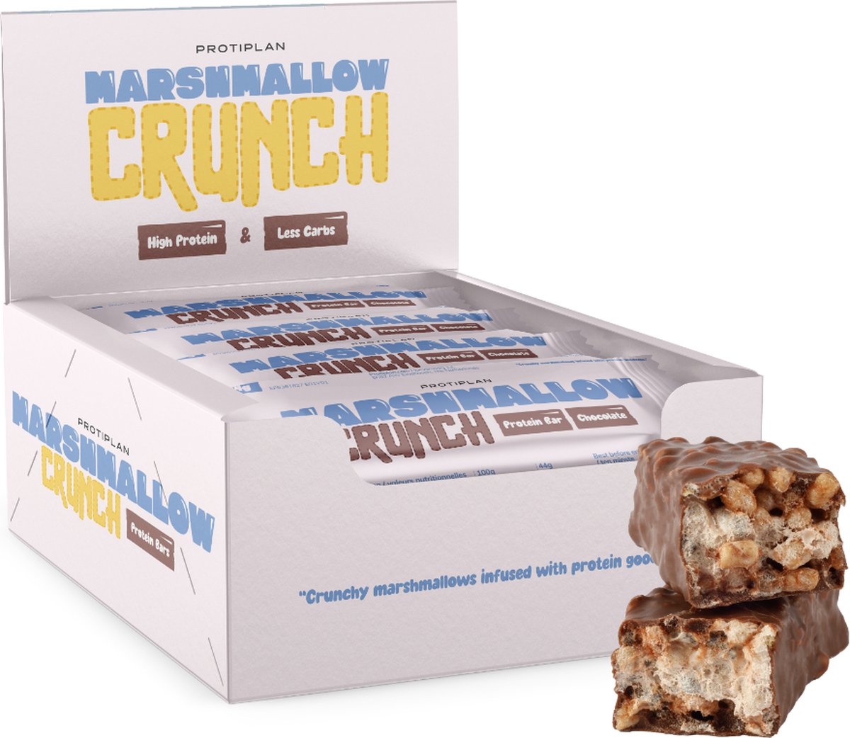 Goedkoopste Protiplan | Protein Bar Marshmallow Crunch | Chocolate | 12 Repen | 12 x 44 gram | Low carb snack | Eiwitrepen | Koolhydraatarme sportvoeding | Afslanken met Proteïne repen | Snel afvallen zonder hongergevoel!