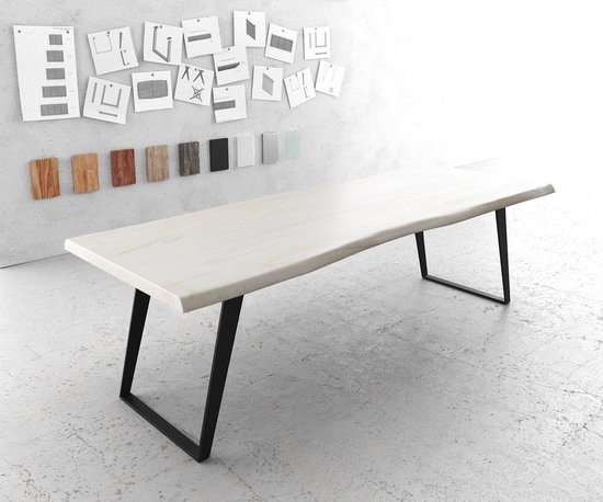Eetkamer tafel Edge Neem wit gekalkt 260x100 XL metalen schuine Edge zwart Live-Edge