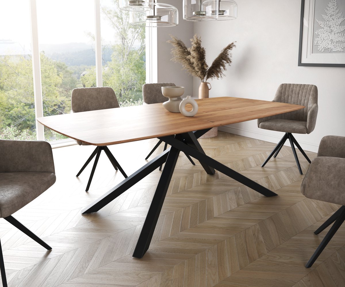 Eetkamertafel Edge Boot acacia natuur 200x100 kruisframe rechthoek zwart Zwitserse rand