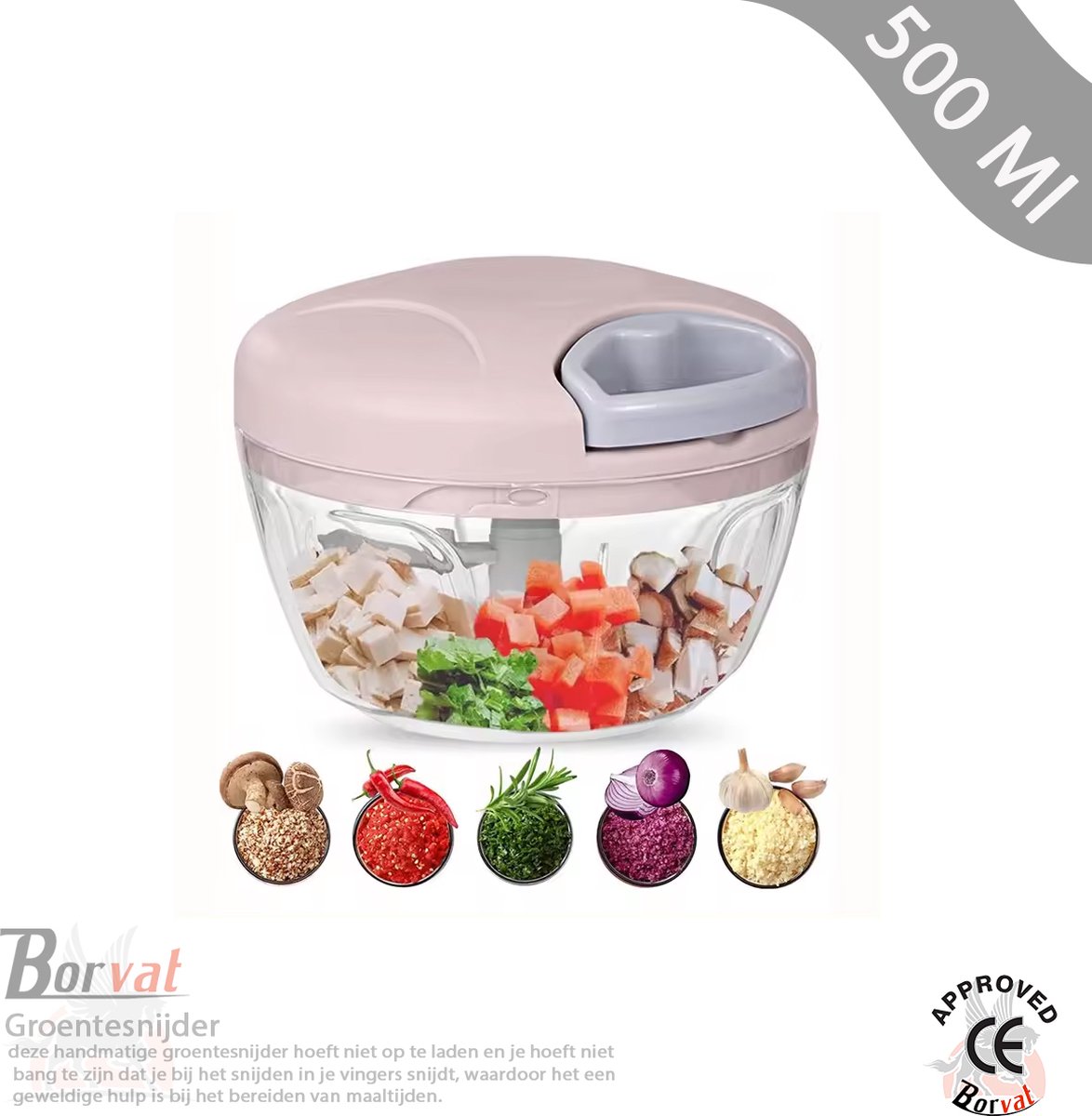 Borvat® Uiensnijder - handmatig - groentesnijder met roestvrijstalen messen - extra 1 mixer - uien hakmolen - multihakmolen met trekkoord - 5 seconden hakken en mengen (Roze - 500 ml)