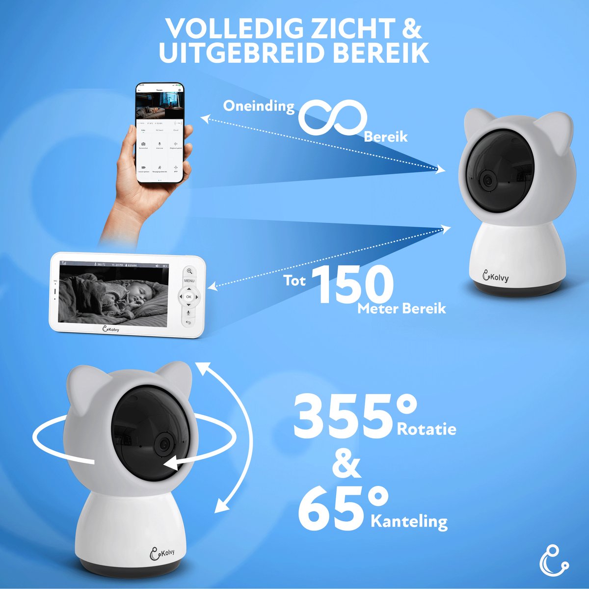 Afbeelding 3 van Kolvy® Babyfoon Pro - Intelligente Baby Monitor - Babyfoon met Camera en App - 1080p - Nachtzicht - Tweeweg Audio - Inclusief Slaapliedjes