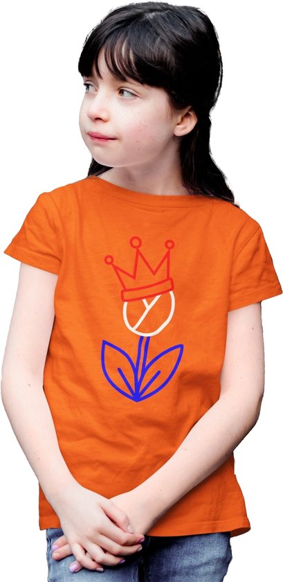 T-shirt kinderen Tulp & Kroontje | Koningsdag Kleding Kinderen | Oranje | maat 116