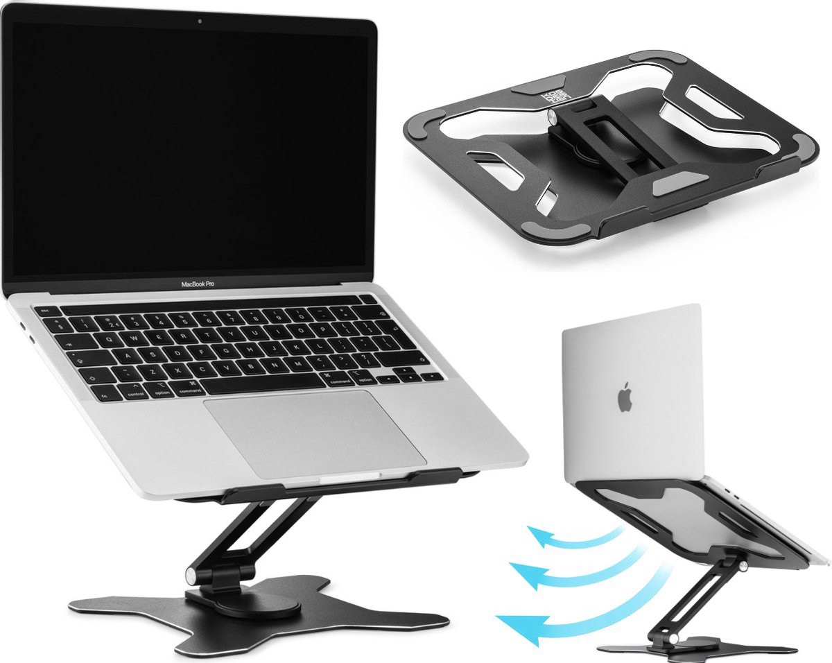 Kos Design - In hoogte verstelbare Laptop standaard - 360* Draaibaar - 13 tot 18 Inch Laptops - Luxe uitvoering - Opvouwbaar - Aluminium - Black - Ergonomische ontwerp - Tijdloos Design