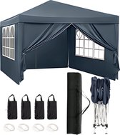 Qualytents - Partytent - Easy up - 3 x 3m - Paviljoen met Zijpanelen - Opvouwbaar - Waterdichte Tent - In Hoogte Verstelbaar - Blauw - Extra stevig