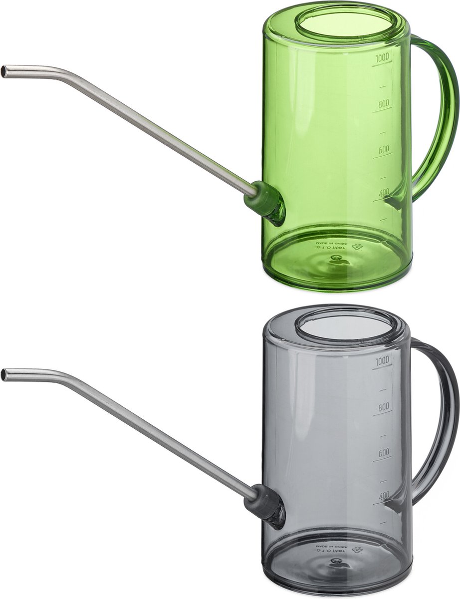Binnen set van 2 plantengieters 1 L kunststof RVS met lange tuit voor kamerplanten grijs/groen.