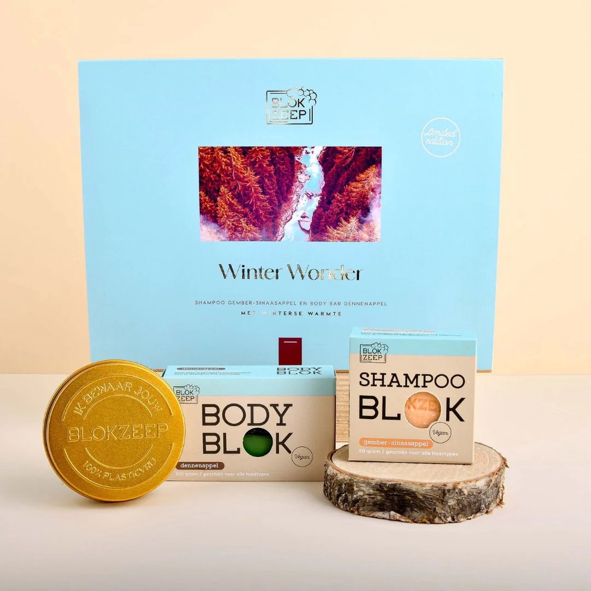 Blokzeeep - Winter Wonder - Special Edition - Shampoo Gember- Sinaasappel + Body Bar Denneappel + Meeneemblik Goud - Duurzaam