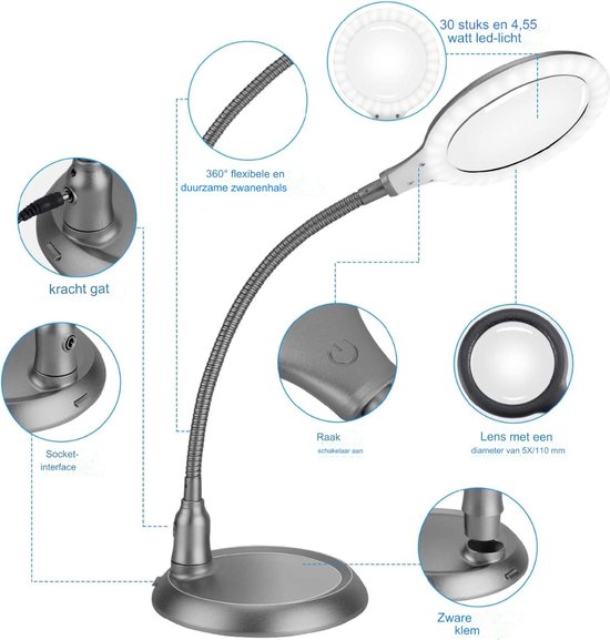 LED Loeplamp Met Vergrootglas Dimbaar 5 Dioptrie 60 LED's