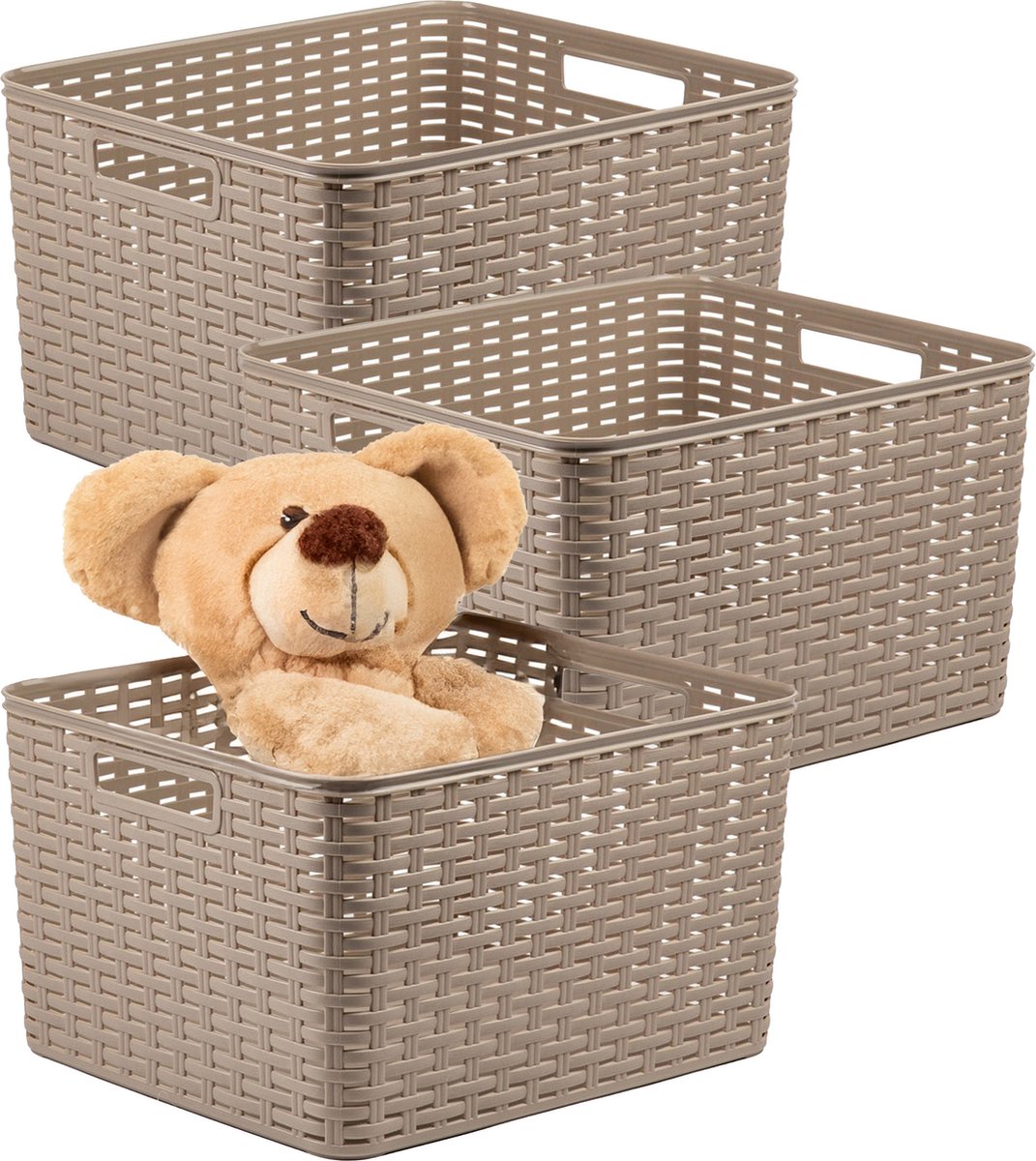 Plasticforte Opbergmand - 3x - Kastmand - rotan kunststof - taupe - 28 Liter - 34 x 40 x 23 cm