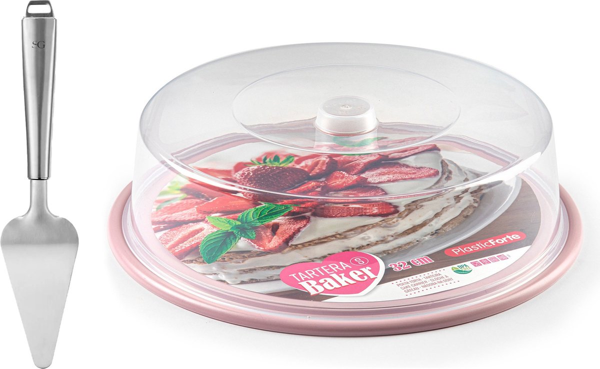 Plasticforte Taart/gebakjes bewaardoos - rond dia 32 cm - bodem roze - met taartschep rvs 27 cm