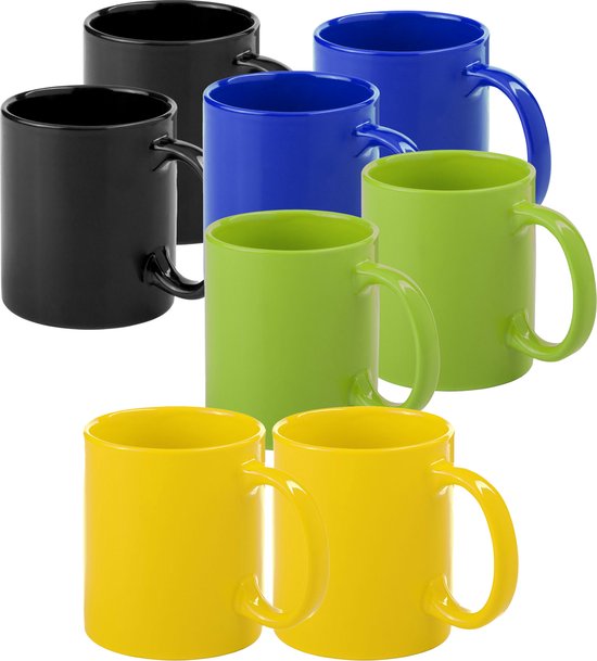 Bellatio Design Koffie mokken/drinkbekers Auxerre - 8x - keramiek - geel/groen/blauw/zwart - 370 ml